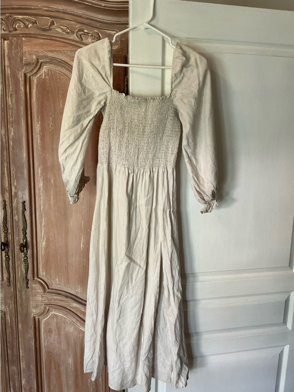 Reformation Gitane Smocked Linen Dress in Oatmeal